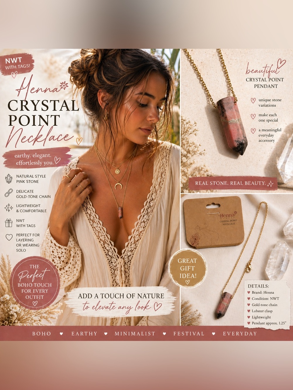 NWT Henna Crystal Point Necklace Boho Pink Stone Gold Chain